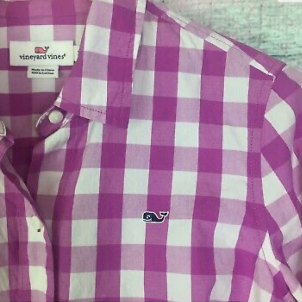 VINEYARD VINES Women"s Size 6 Pink & White Plaid Button Up Shirt Whale Logo